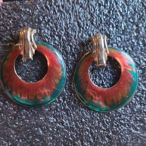 Green and Red Enamel Hoop Drop Earrings